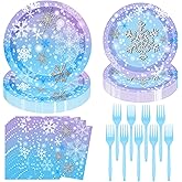 Winter Snowflake Birthday Party Supplies 96 PCS Christmas Snowflake Paper Plates and Napkins Forks Disposable Tableware Set for Christmas Winter Wonderland Frozen-theme Party Decorations