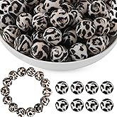 HHCFAST 50Pcs Blak White Leopard Silicone Beads for Keychain Making, Pattern Print Silicone Beads for Pens Necklace Bracelets Craft