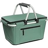 Picnic Basket, SIYUAN Collapsible Shopping Basket with Handles 27L Large Market Basket with Lid Reusable Folding Grocery Basket Insulated Cooler Bag, Green