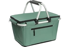 Picnic Basket, SIYUAN Collapsible Shopping Basket with Handles 27L Large Market Basket with Lid Reusable Folding Grocery Basket Insulated Cooler Bag, Green
