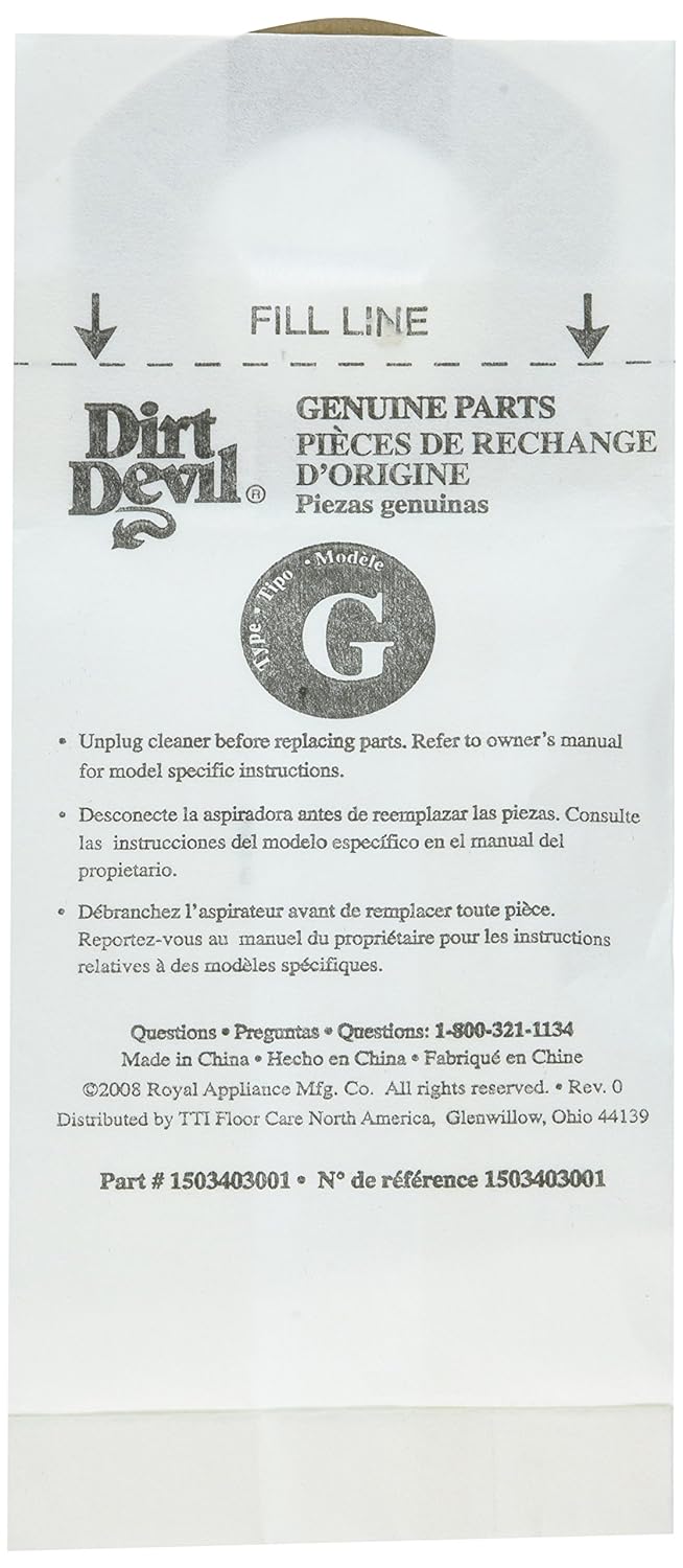 Royal Dirt Devil Paper Bag Royal Type G Hand Vacuum Adapt Req S