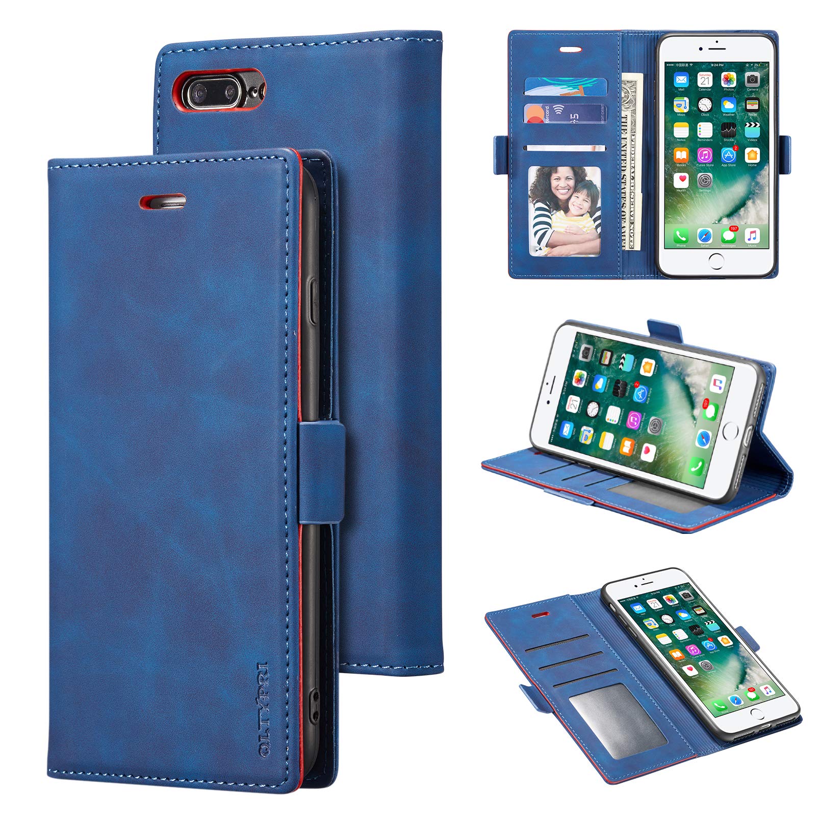 QLTYPRI Case Compatible with iPhone 7 Plus 8 Plus, Premium Soft Leather Wallet Case with Card Holder Kickstand Magnetic Closure Protective Flip Cover for iPhone 7 Plus 8 Plus - Blue