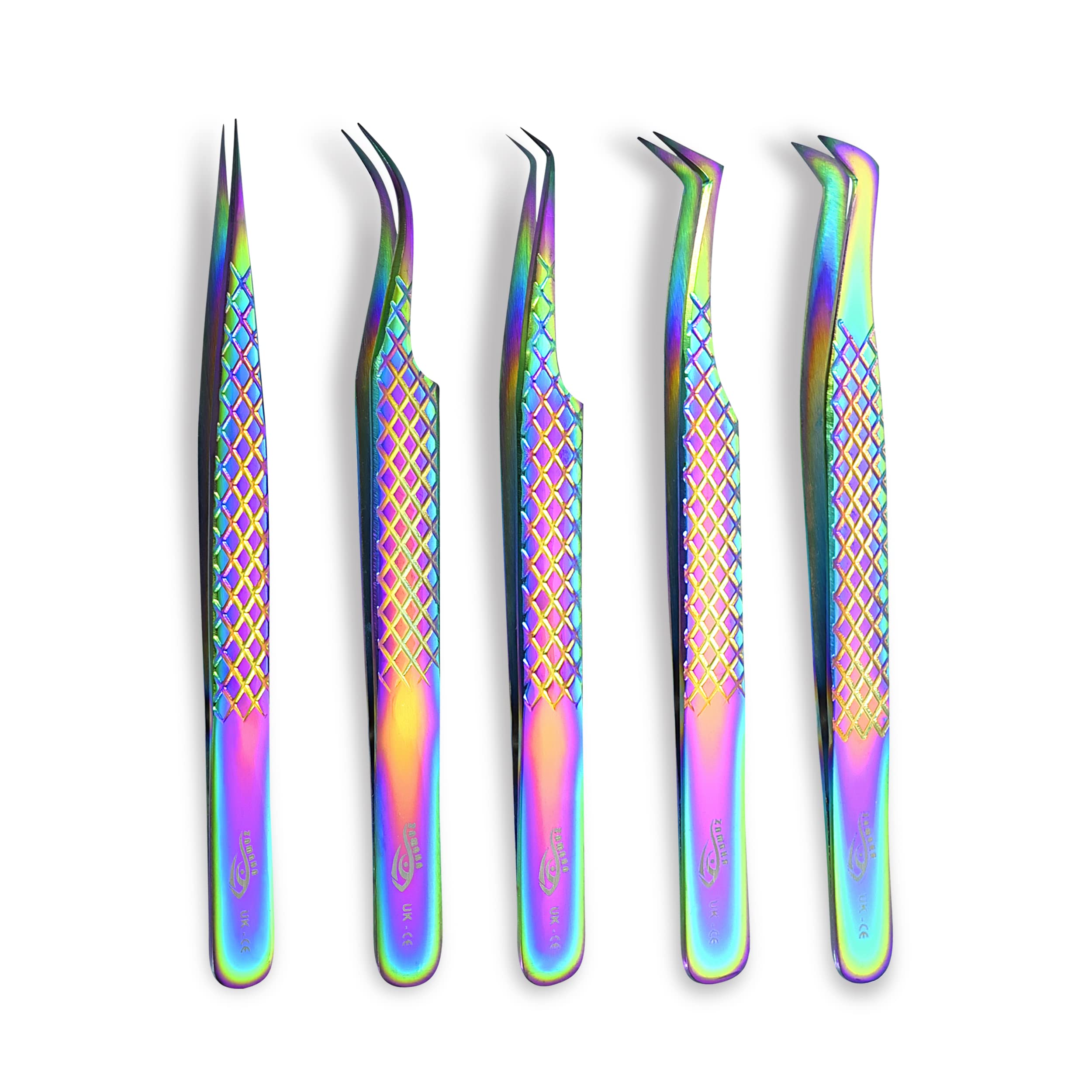 ZAMAHA UK Lash Eyelash Extension Tweezers Set of 5, Japanese Stainless Steel Tools Straight Curved 45 90 Degree Angled Tip, Volume Tweezers Precision (Rainbow Multi)