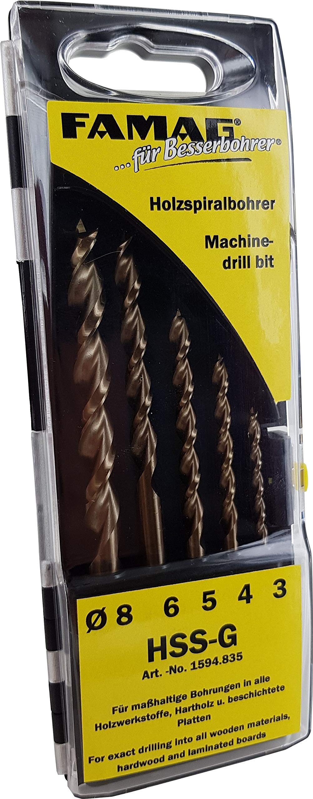 FAMAG 1594835 5pcs HSS-Ground Brad Point Drill Bit Set in Plastic Case