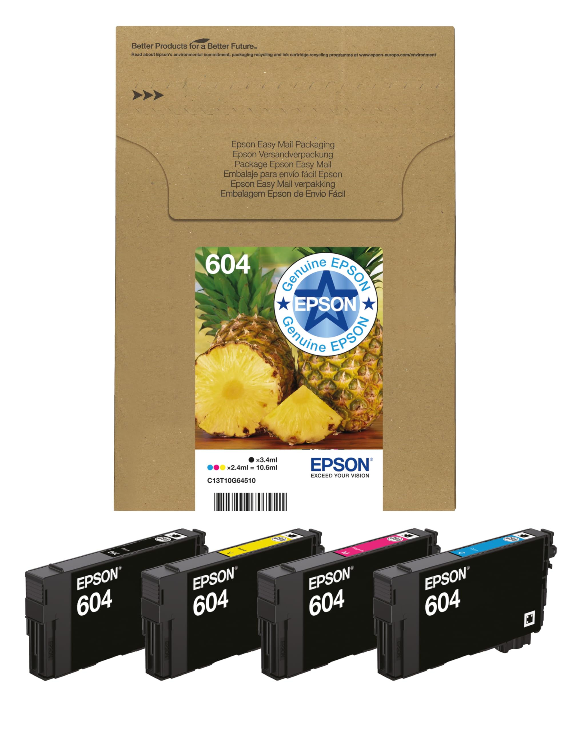 Epson 604 Pineapple, Genuine Multipack, Eco-Friendly Packaging, 4-Colours Ink Cartridges