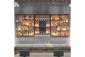 HFTUW 79 Inch Wall-Mounted Wine Rack & Liquor Shelf with LED Lighting - Bar Shelves for Liquor Bottles, Floating Storage with