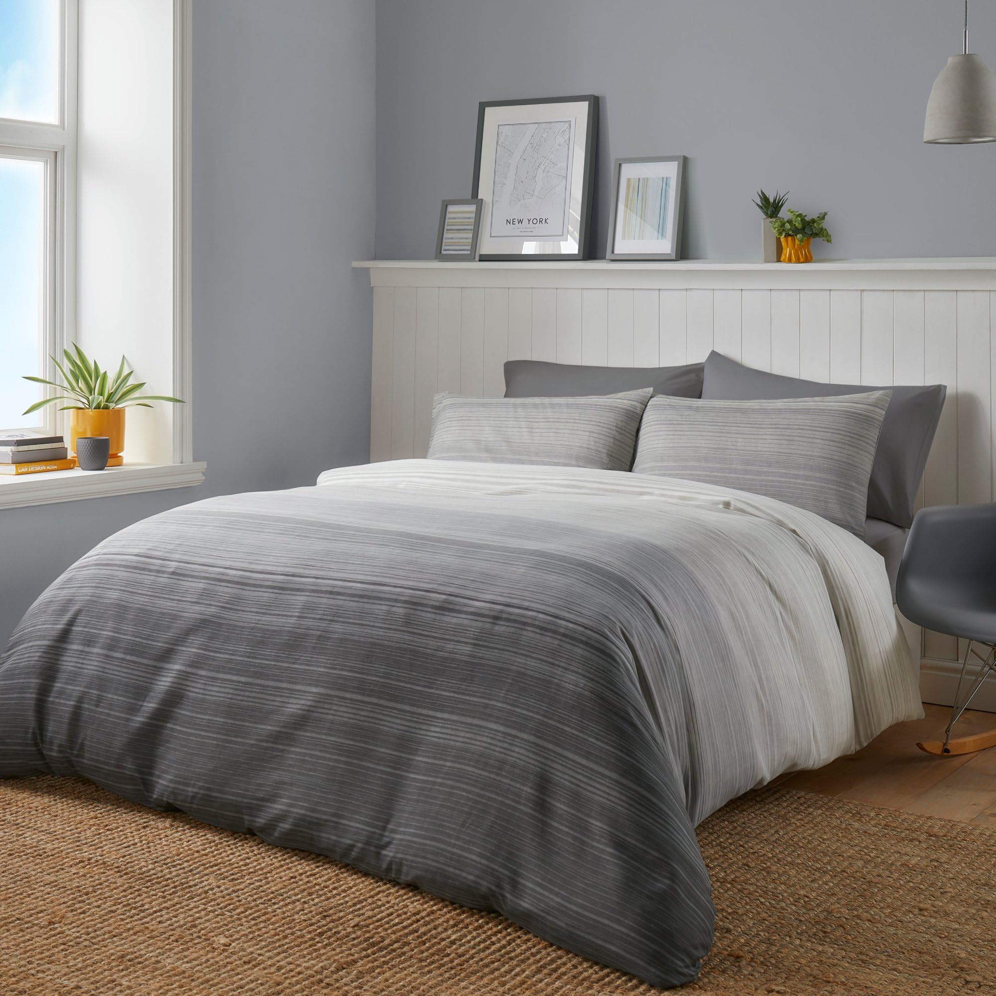 Fusion Contemporary Duvet Cover - Double Size (200 x 200cm) - Reversible Ombre & Striped Grey