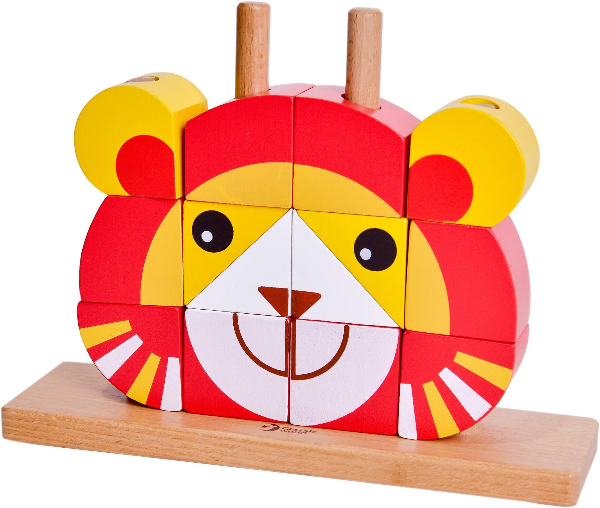 Classic WorldWooden Lion Blocks Puzzle Set, Sorting, Stacking, Developmental and Educational Toy, Includes 12 Block Pieces, 1 Base with 4 Dowels, 5 Instruction Cards, 21 x 6 x 16 cm, 18 Months+