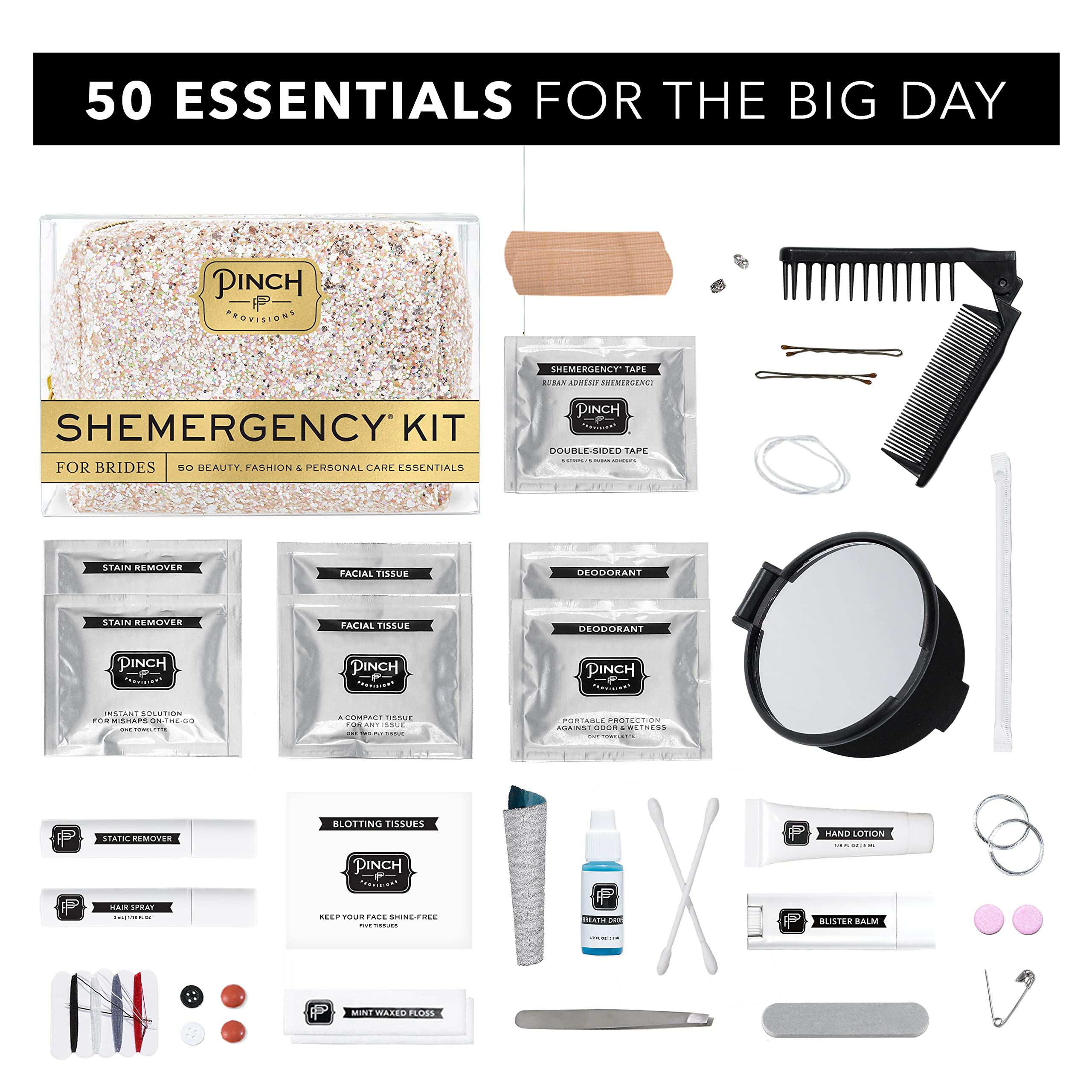 Pinch Provisions Brides Shemergency Kit, 50 Must-Have Emergency Essential Items for The Wedding Day, Chic Mid-Size Multi-Functional Pouch, Perfect Survival Kit for Wedding Party (Pink Diamond)