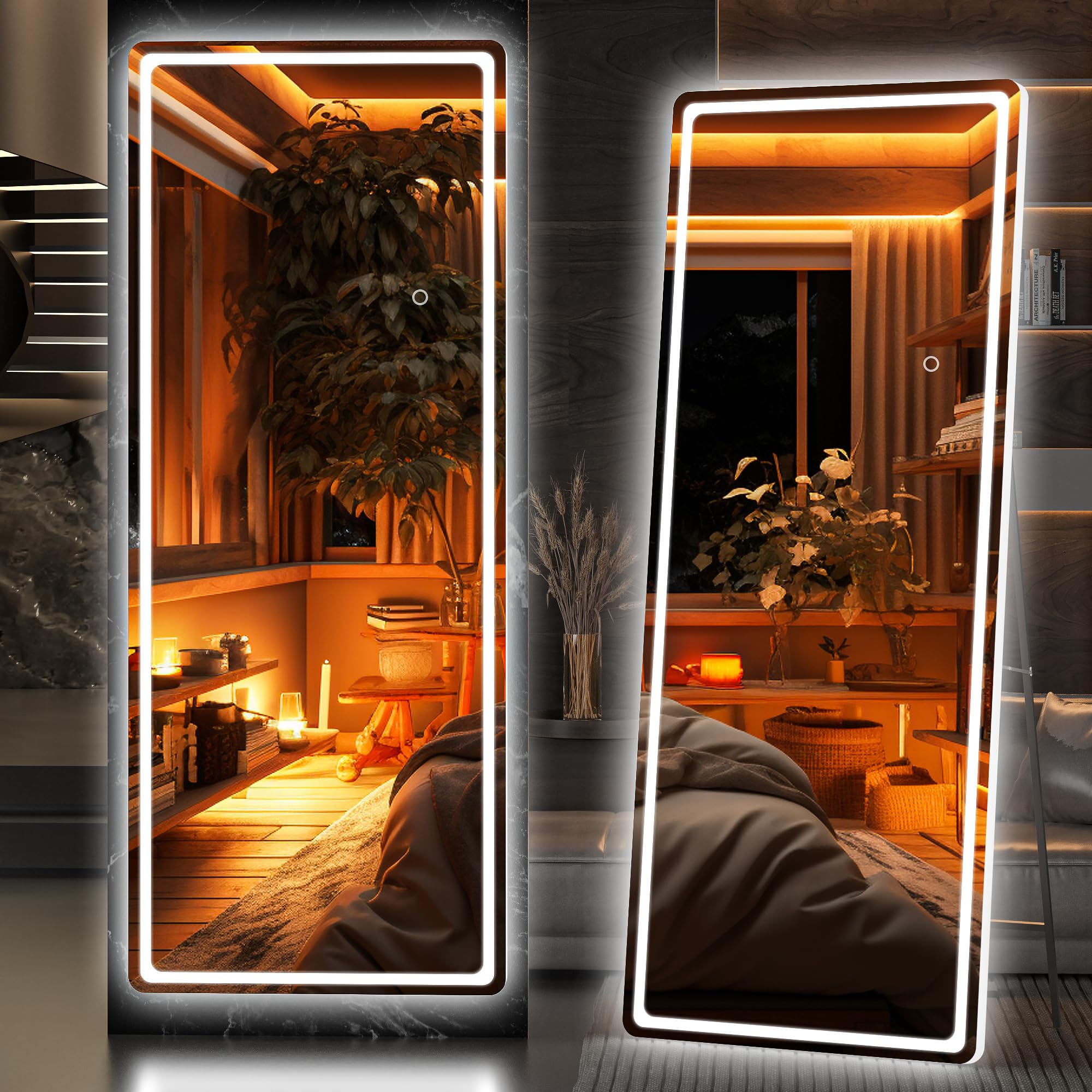 Photo 1 of Hasipu Full Length Mirror with Lights, 61" x 22" LED Floor Mirror, Full Body Dressing Standing, Hanging Mounted Mirror for Living Room Bedroom Cloakroom, Round White