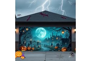 TTCHANG Halloween Garage Door Cover Banner, 16 x 7FT Large Hanging Backdrop Door Cover Horror Haunted Cemetery House Pumpkins Halloween Garage Wall Decorations