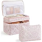 HBselect 2Pcs Travel Makeup Bag, Large Cotton Quilted Makeup Bag Cosmetic Bag Cute Make up Bag Toiletry Bags for Women Girls