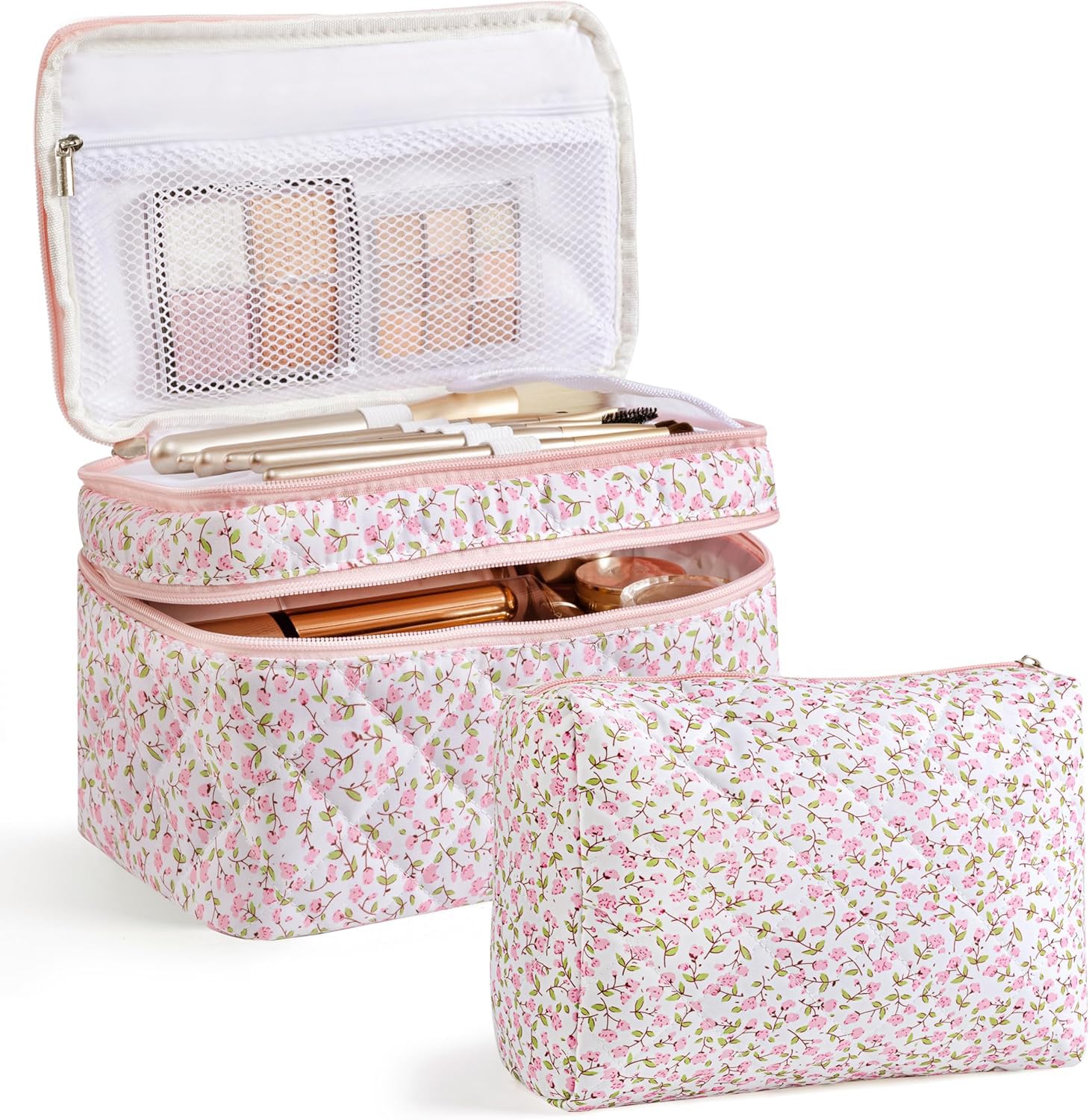 Photo 1 of HBselect 2Pcs Travel Makeup Bag, Large Cotton Quilted Makeup Bag Cosmetic Bag Cute Make up Bag Toiletry Bags for Women Girls