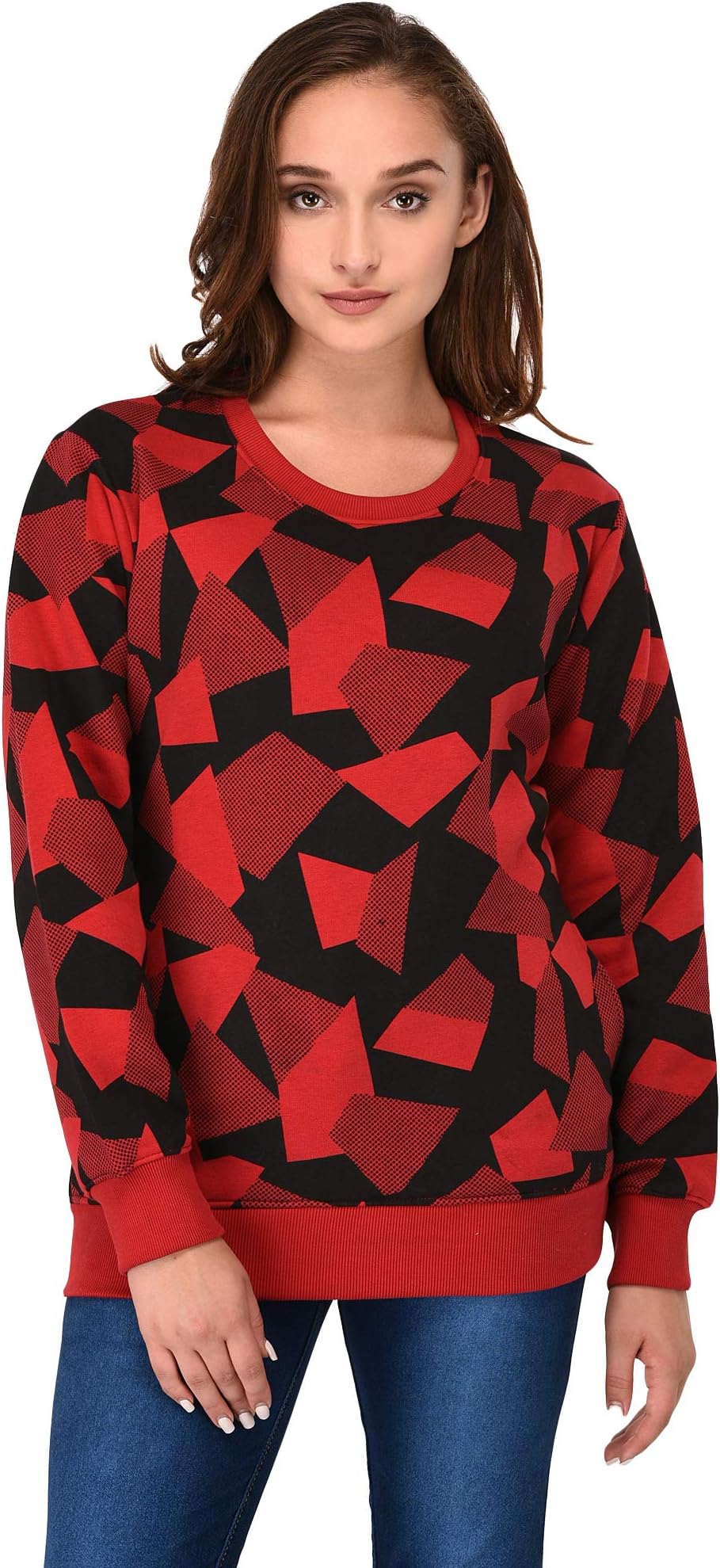 Vivid Bharti Women's Red Printed Round Neck Sweatshirt