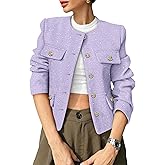 COCCKO Women's Tweed Blazers Trendy Fall Casual Collarless Button Down Sequin Tops Cropped Jackets with Pockets