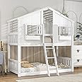 House Bunk Beds Twin Over Twin Bunk Bed Frame with Ladder, Kids Playhouse Bunk Bed with Roof, Window, Door, Floor Bunked Frame for Boys Girls Teens, White