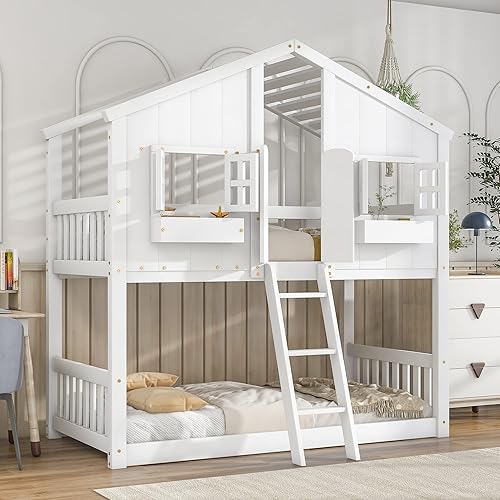 BIADNBZ Twin Over Twin House Bunk Bed with Roof, Door, Window and