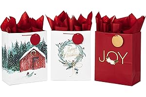 Hallmark 13" Large Christmas Gift Bag Assortment with Tissue Paper (3 Bags: "Merry Christmas" Wreath, Gold Joy, Snowy Red Barn) Red, White, Gold Foil