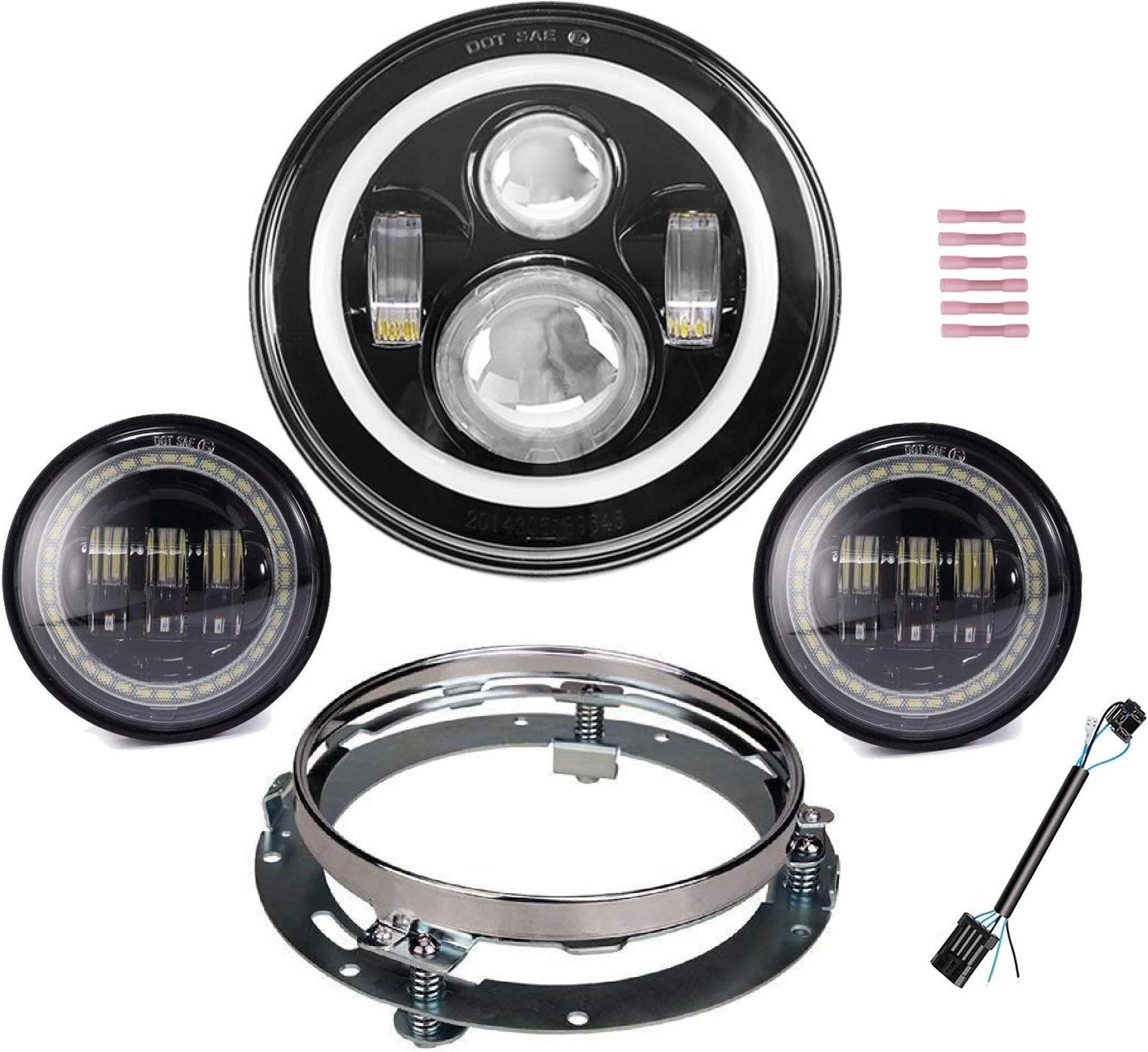 ANR 7" Black Harley Led HALO Headlight + 2Pcs 4.5 Inch LED HALO Fog Driving Light -DRL + TURN SIGNAL- Auxiliary Lamp with Bracket Adapter Ring for Harley Davidson Motorcycle