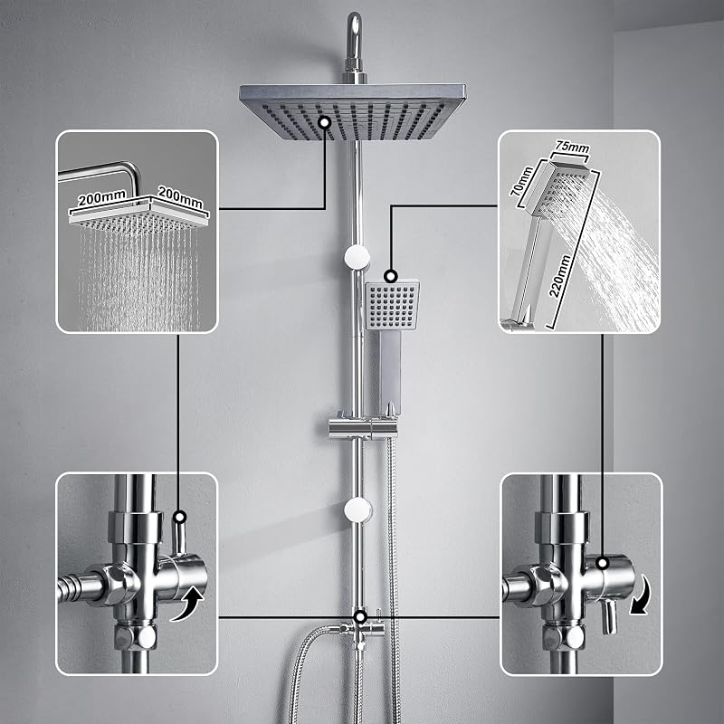 Columna de Ducha Acero Inoxidable sin Grifo Thermostato, Set Ducha con Barra Altura Adjustable con Ducha Mano Alcachofa y Cabezal Rociador Lluvia ABS 20x20cm, Cromo