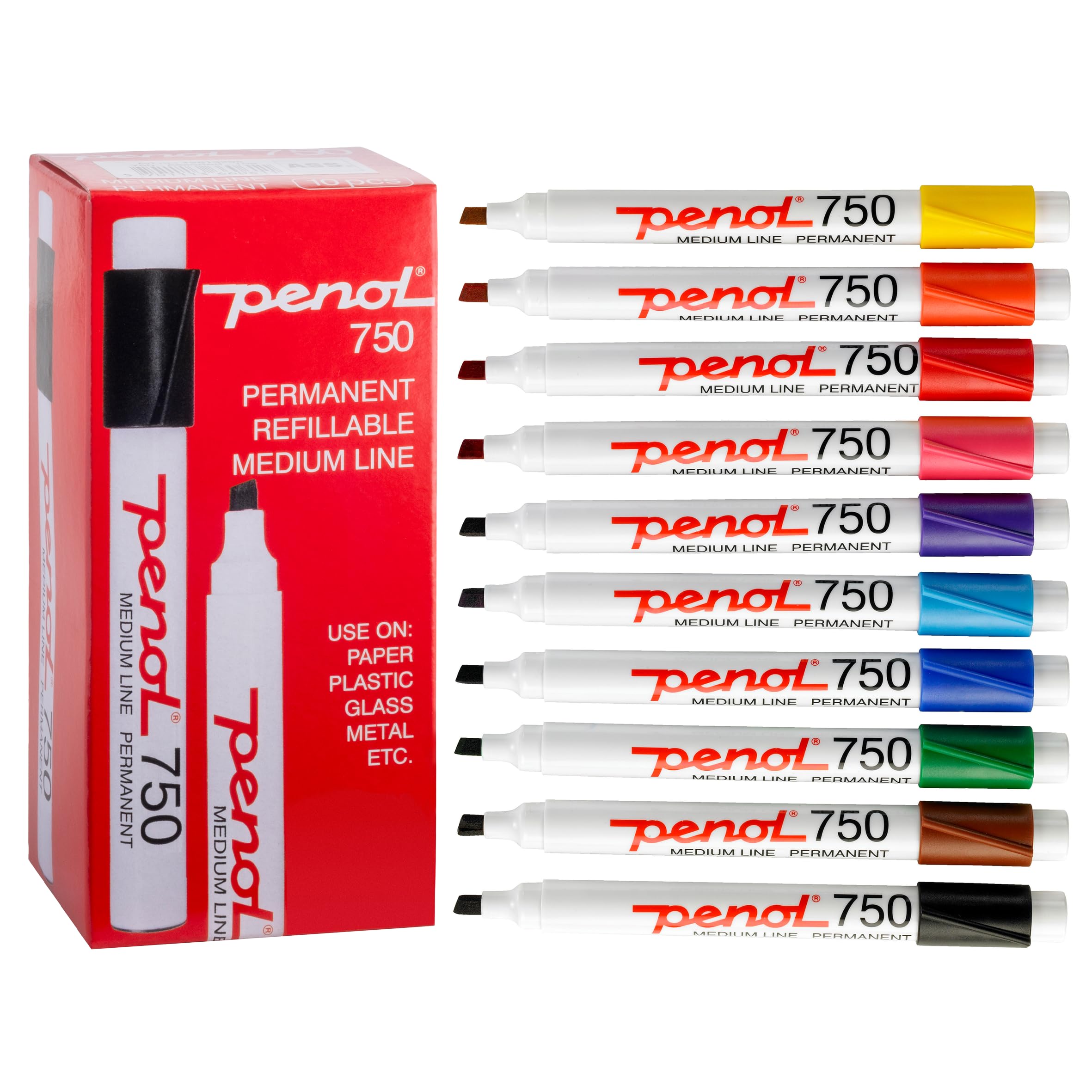 PENOL Permanent Marker Pens, 10 Marker Pens in Multicolor 0750, 2-5mm Chisel Tip Coloured Marker Pens with Nordic Swan Ecolabel, Quick Dry and Fade Resistant Ink Based on Alcohol | Markers for Artwork