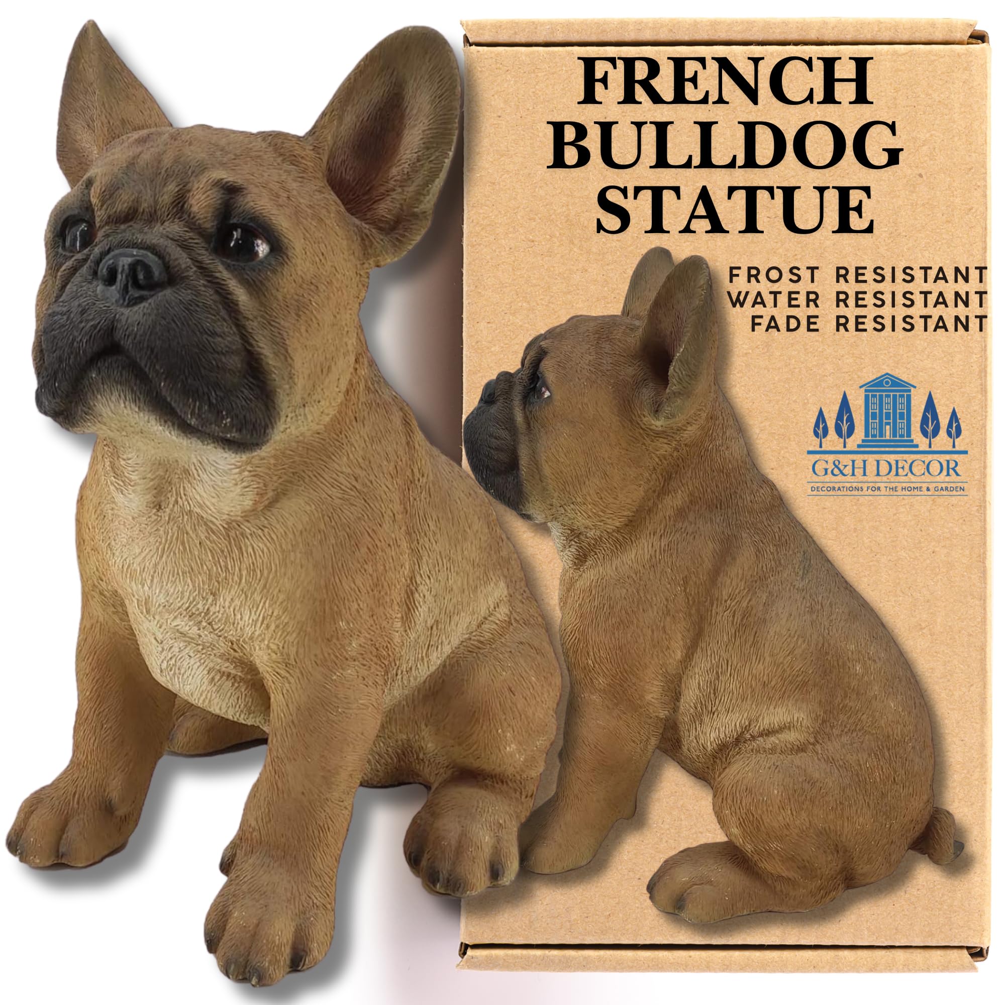 G&H Decor Realistic French Bulldog Statue - 30cm Hand Painted Dog Figurine with Intricate Detail - Indoor or Outdoor Ornament - Frost and Fade Resistant Gift