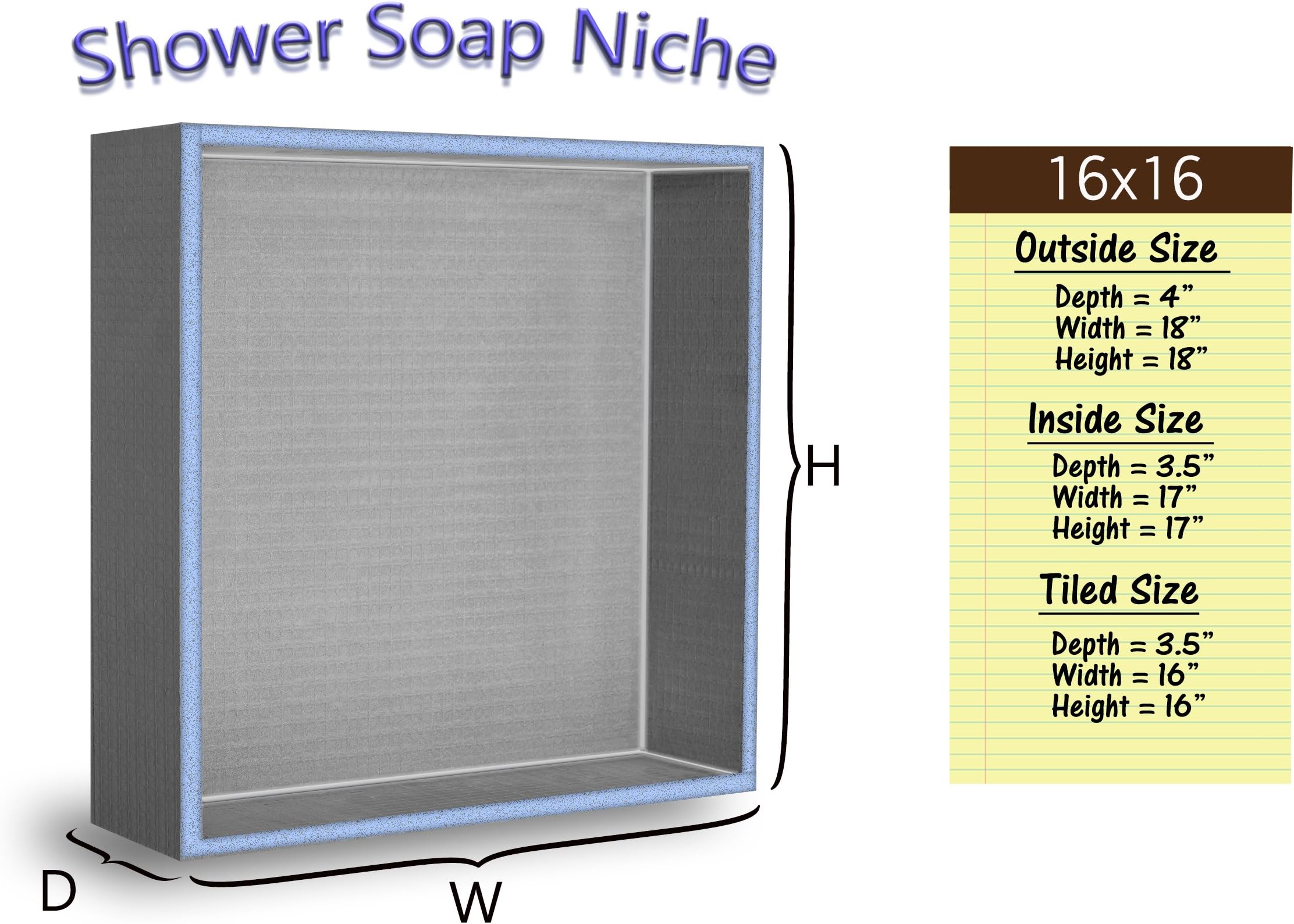 Shower Niche 16x16 Recessed Tile Ready Bathroom Soap Dish Shampoo Shelf Made from Wedi Board Shower Caddy