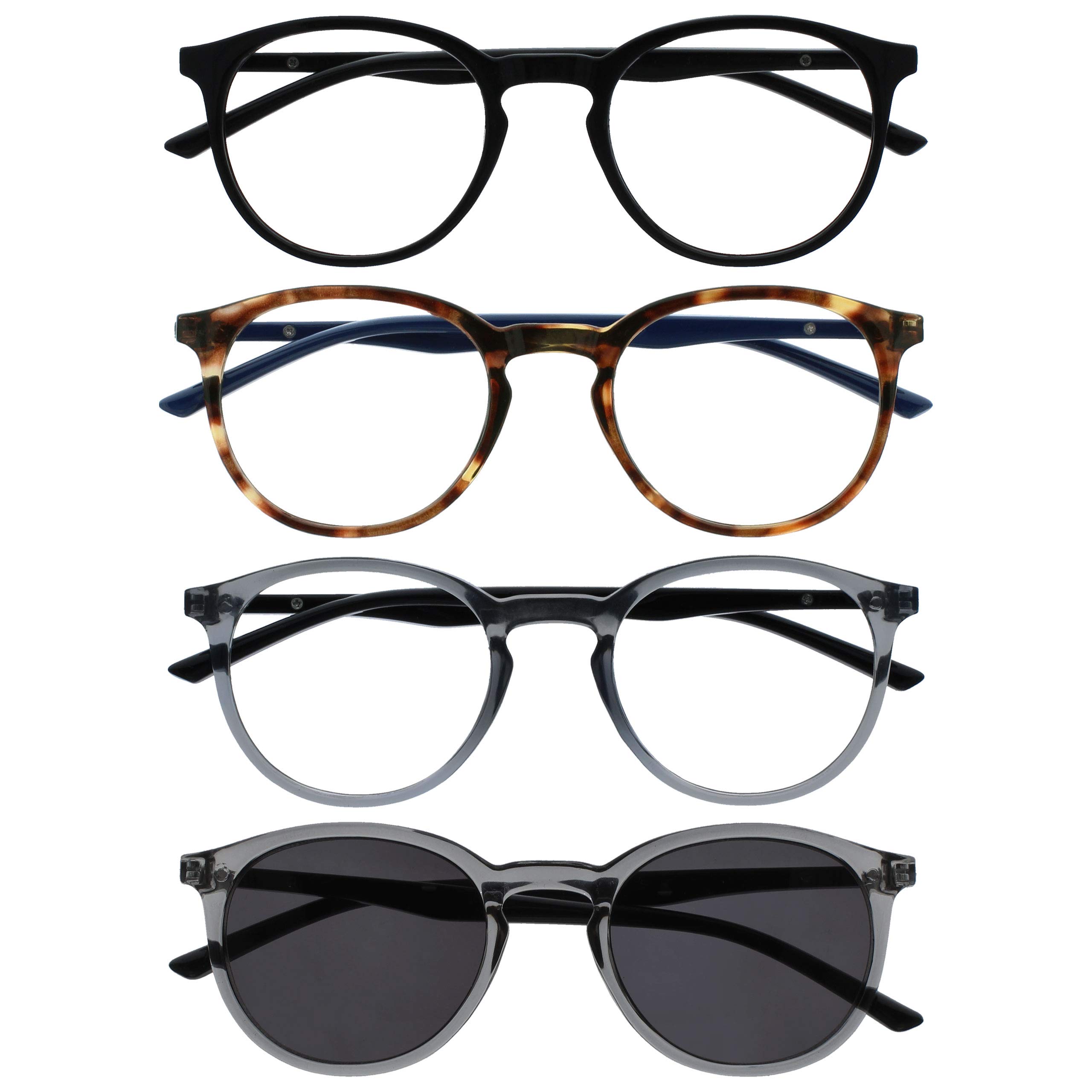 OPULIZE MET Reading Glasses and Reading SunGlasses for Women Men, Round Frame, Black,Brown,Grey,Grey Sun +3 (Pack of 4)