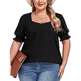 FOREYOND Women's Plus Size Summer Tops Puff Short Sleeve Blouses Square Neck Dressy Tunics Loose Casual T Shirts