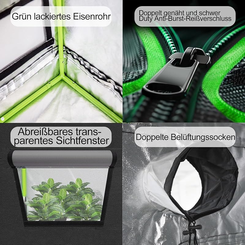 Tenda verde, 120 x 120 x 200 cm, tenda Grow per interni, resistente alla luce e impermeabile, con finestra di osservazione Mylar impermeabile e vasca inferiore per elenco di coltivazione