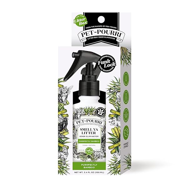 PET-POURRI SMELL YA LITTER CAT LITTER DEODORIZER SPRAY, PURRFECTLY BAMBOO 3.4 FL OZ, UP TO 170 USES, PET ODOR REMOVER WITH ESSENTIAL OILS FOR AIR, CARPET, URINE, VET RECOMMENDED, BERGAMOT BAMBOO SCENT