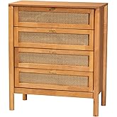 Baxton Studio Jenn Chest with Distressed-Finished Rattan, 4-Drawer, Golden Brown