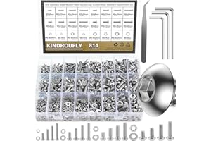 814 Pieces Button Head Socket Cap Screws Nuts Washers Kit, Kindroufly M3 M4 M5 M6 Screw Assortment Kit, Metric Screw Set, Bolts and Nuts, Machine Screws, 304 Stainless Steel, Fully Machine Thread