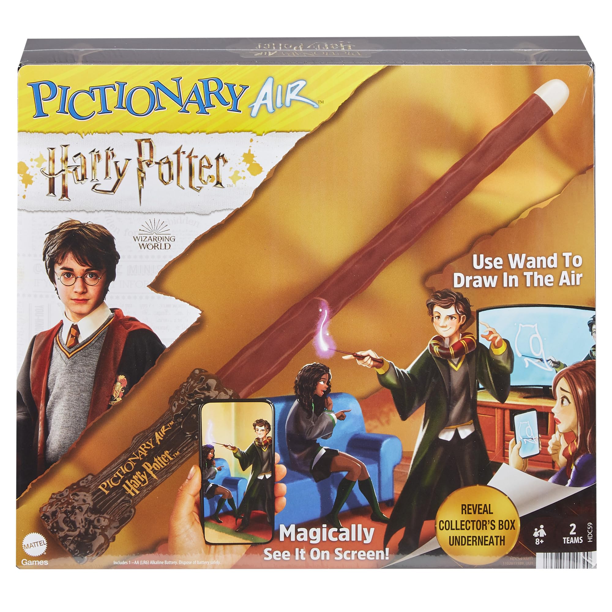 PICTIONARY AIR HARRY POTTER Family Drawing Game, Wand Pen, 112 Double-Sided Clue Cards with Picture Bonus Clues, Trunk Card Holder, Collector Package. Gift for for 8 Year Olds & Up, HDC59
