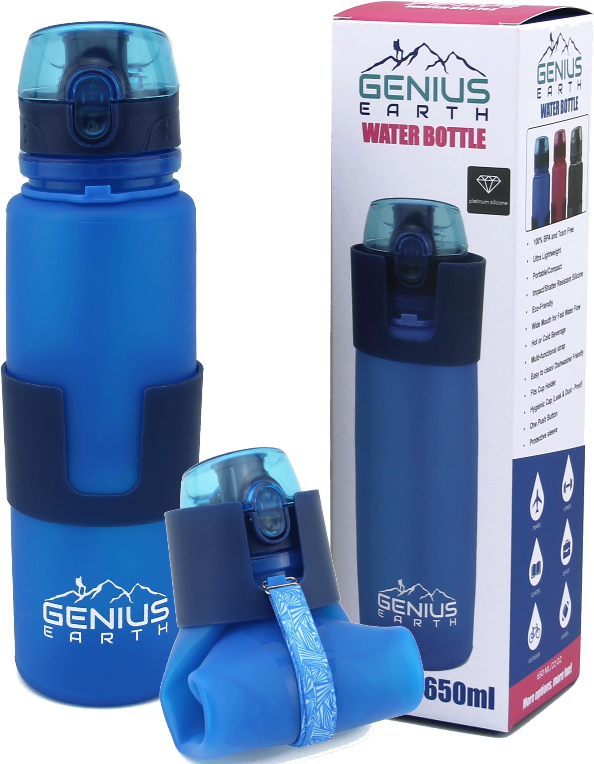 Genius Earth Foldable Water Bottle - Collapsible, Portable, Silicone Drink Bottle for Hiking, Sports & Travel. Lightweight, Reusable Bottles for Men, Women and Kids. BPA Free. 22oz