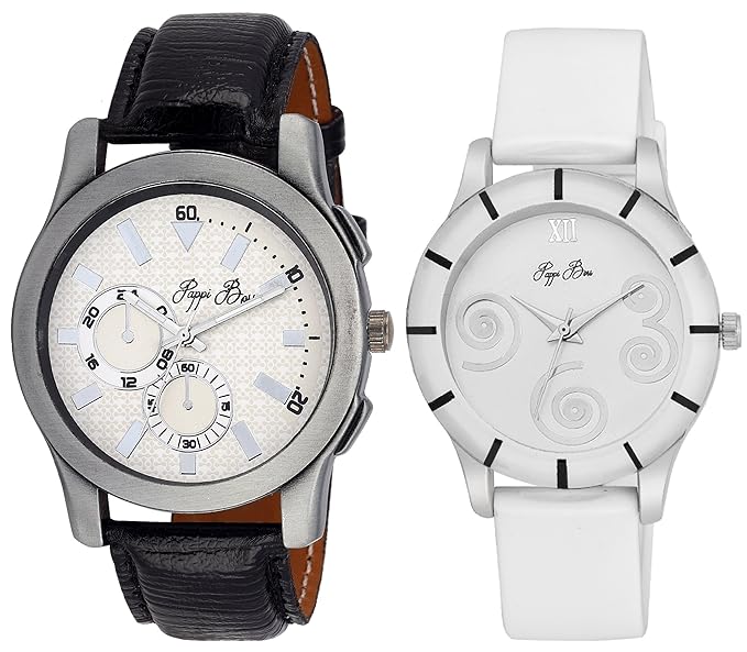Pappi-Haunt - Pack of 2 - Sober Leather Strap Couple Wrist Watch for Boys, Men, Girls, Women