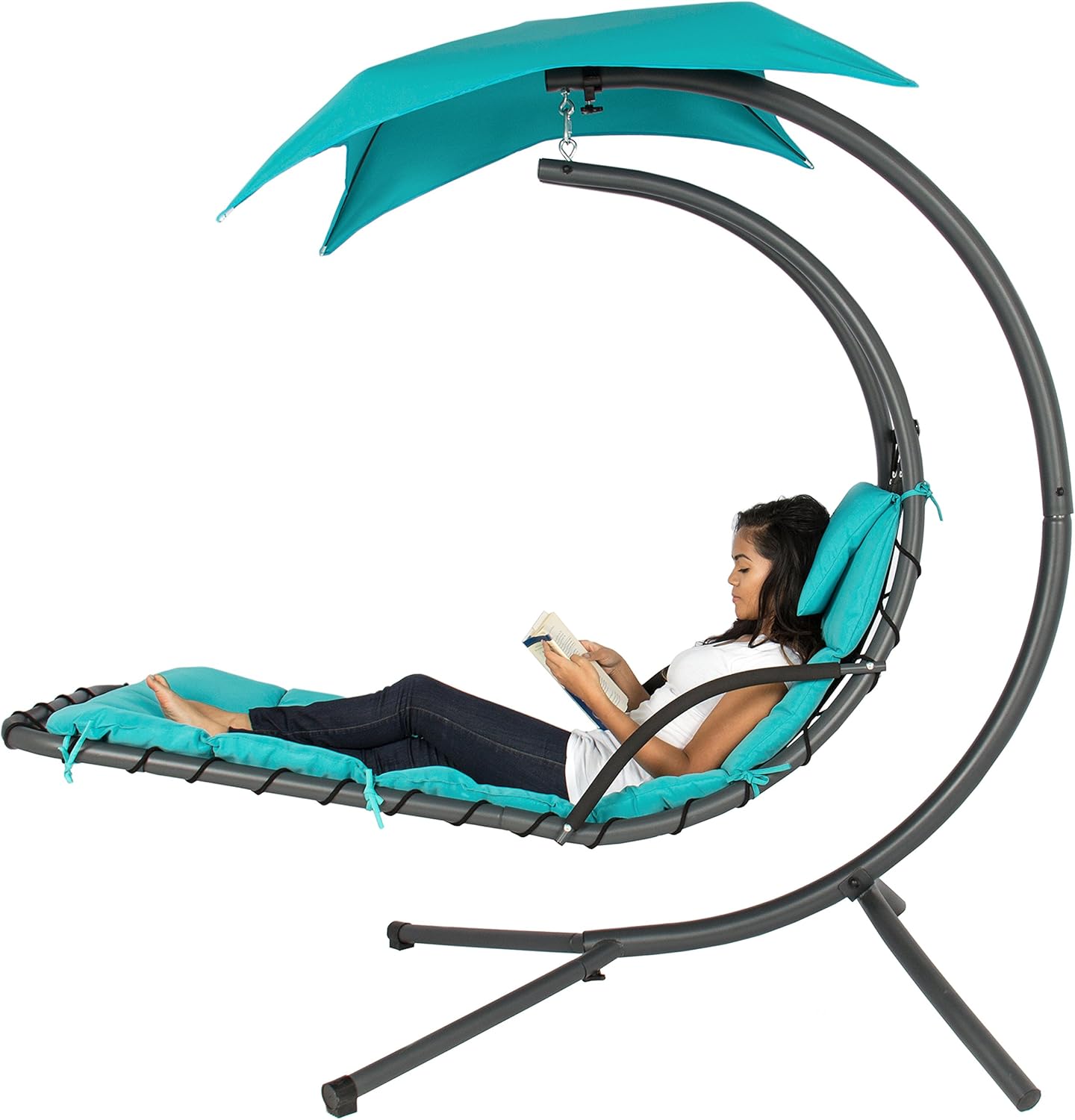 Best Choice Products Outdoor Hanging Curved Steel Chaise Lounge Chair Swing w/Built-in Pillow and Removable Canopy, Teal: Garden & Outdoor