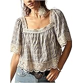 RoseSeek Women's Oversized Plaid Lace Blouses Square Neck Short Sleeve Shirts Crop Tops