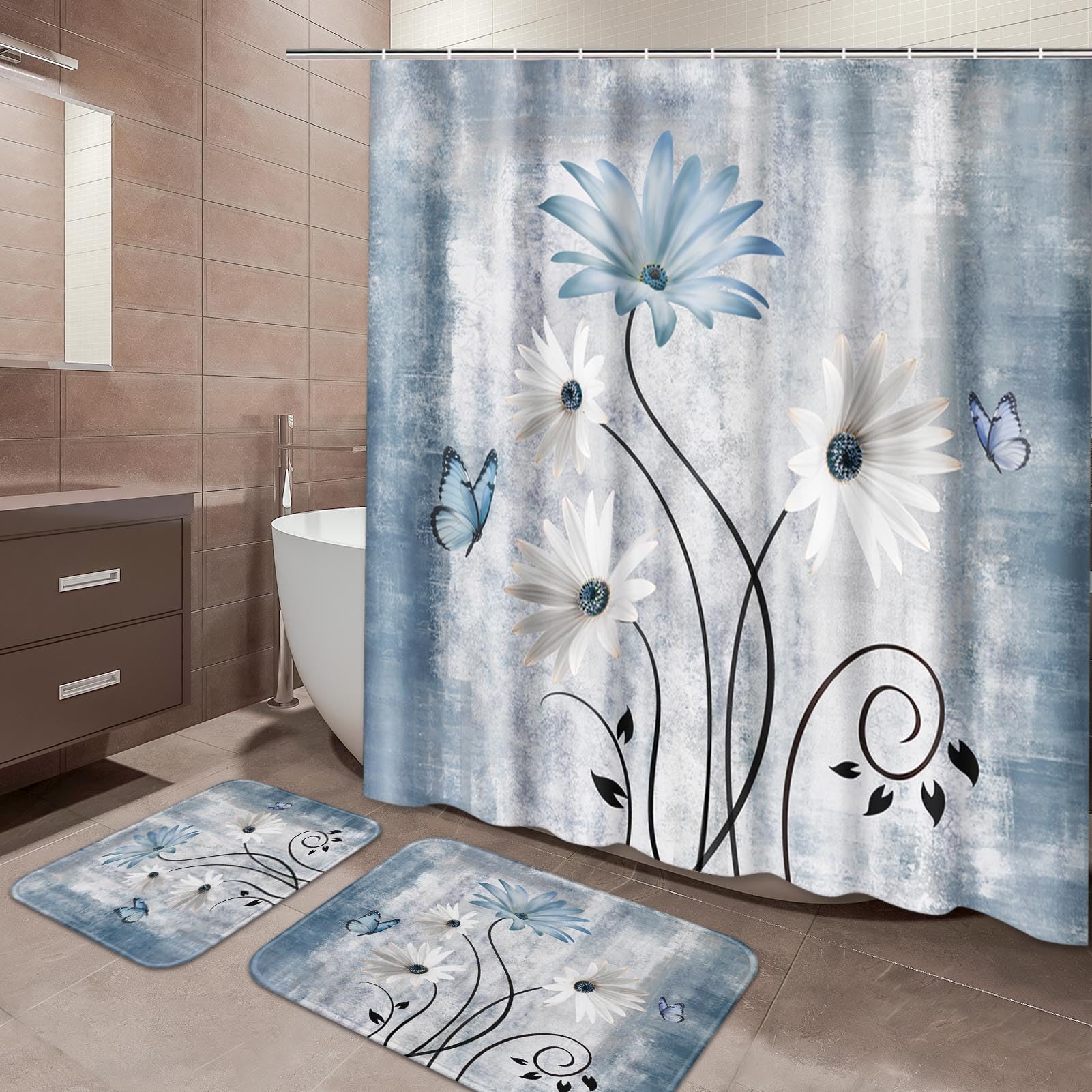 Photo 1 of ArtSocket Daisy Flowers Butterfly Bathroom Set with Shower Curtain and Bath Rugs and Accessories,Abstract Blue Grey Non-Slip Shower Curtain Set,Bathroom Decor 3 Pcs
