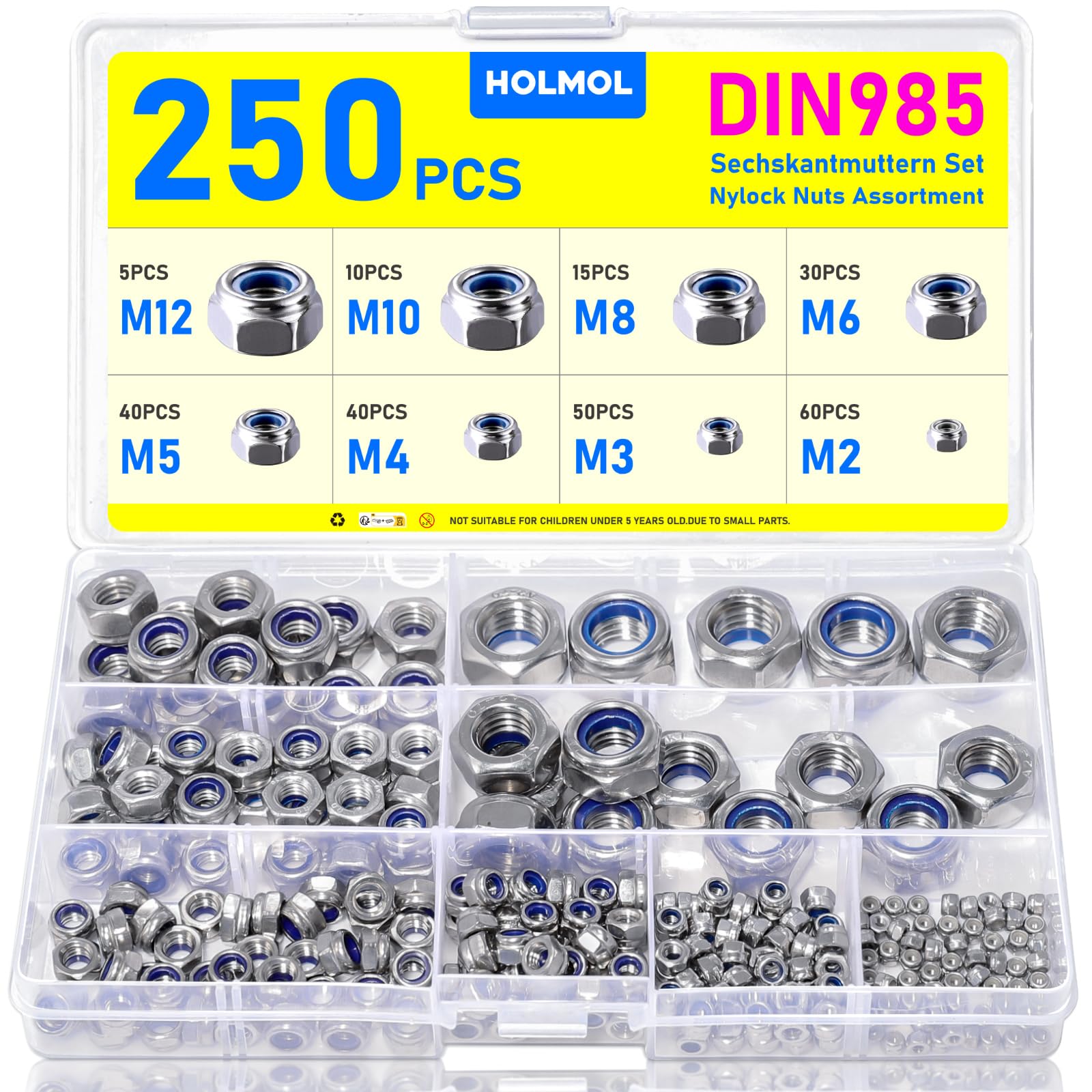 250PCS Nylock Nuts, HOLMOL DIN 985 Locking Nuts with Box, 8 Sizes Stainless Steel Self Locking Nut for Bolts, Hex Assortment Kit & Nyloc Hexagon Nut for Lock Washers, Bolts, Screws