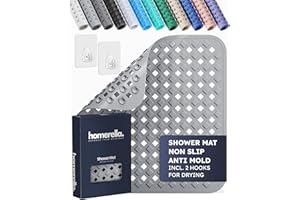 homerella® Shower Mat Non Slip Anti Mold, Non Slip Shower Mats for Inside Shower Stall Anti Slip Mat, Square Shower Floor Mat 21 x 21 in with Suction Cups & Hooks for Quick Drying, Machine Washable