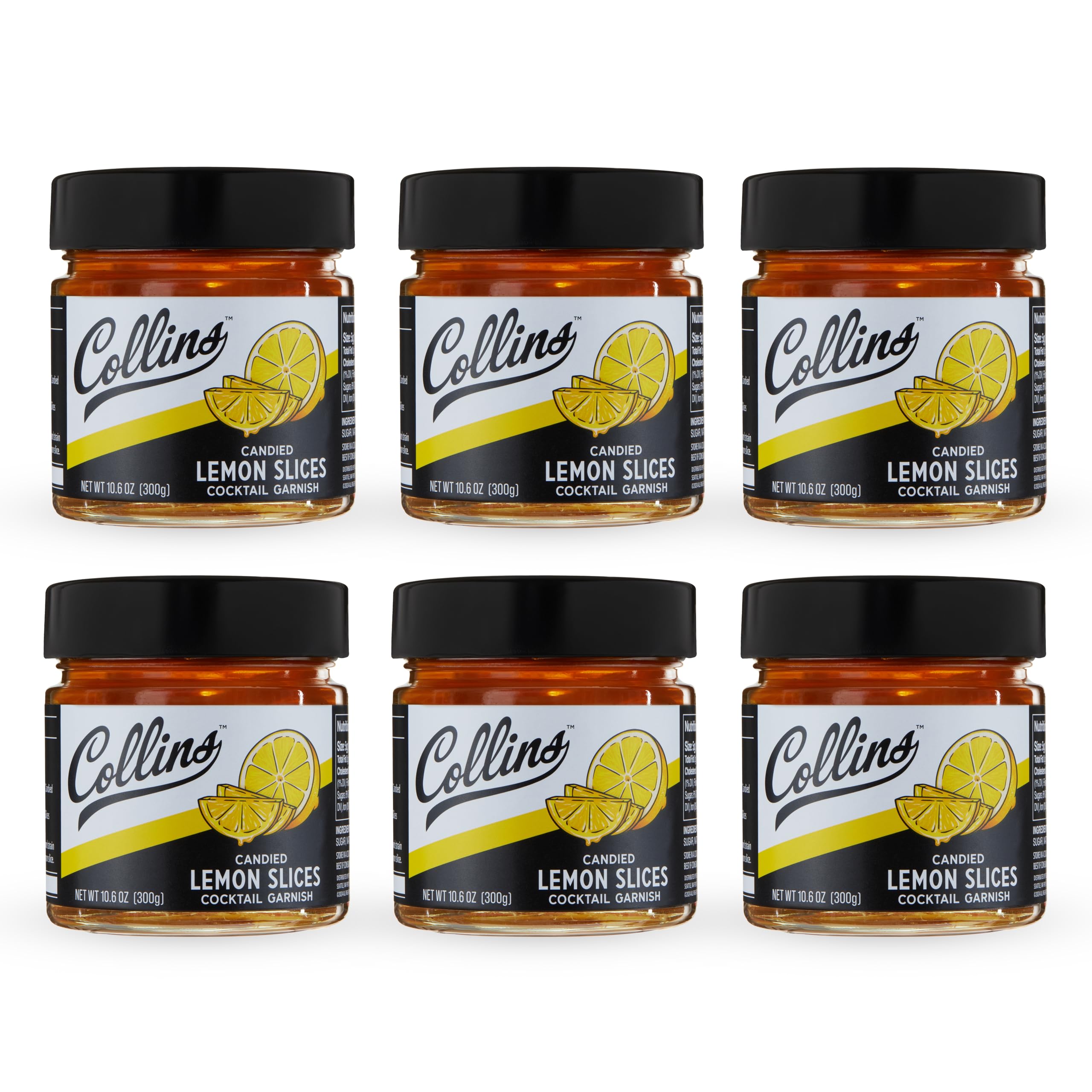 Collins Candied Lemon Slices in Syrup, Gluten Free Cocktail Garnishes for Whiskey Sour, Margarita, Lemon Drops, Cake, Ideal for Bars, Restaurants, Hotels, Desserts, Baking Supplies, 10.6 oz, Set of 6
