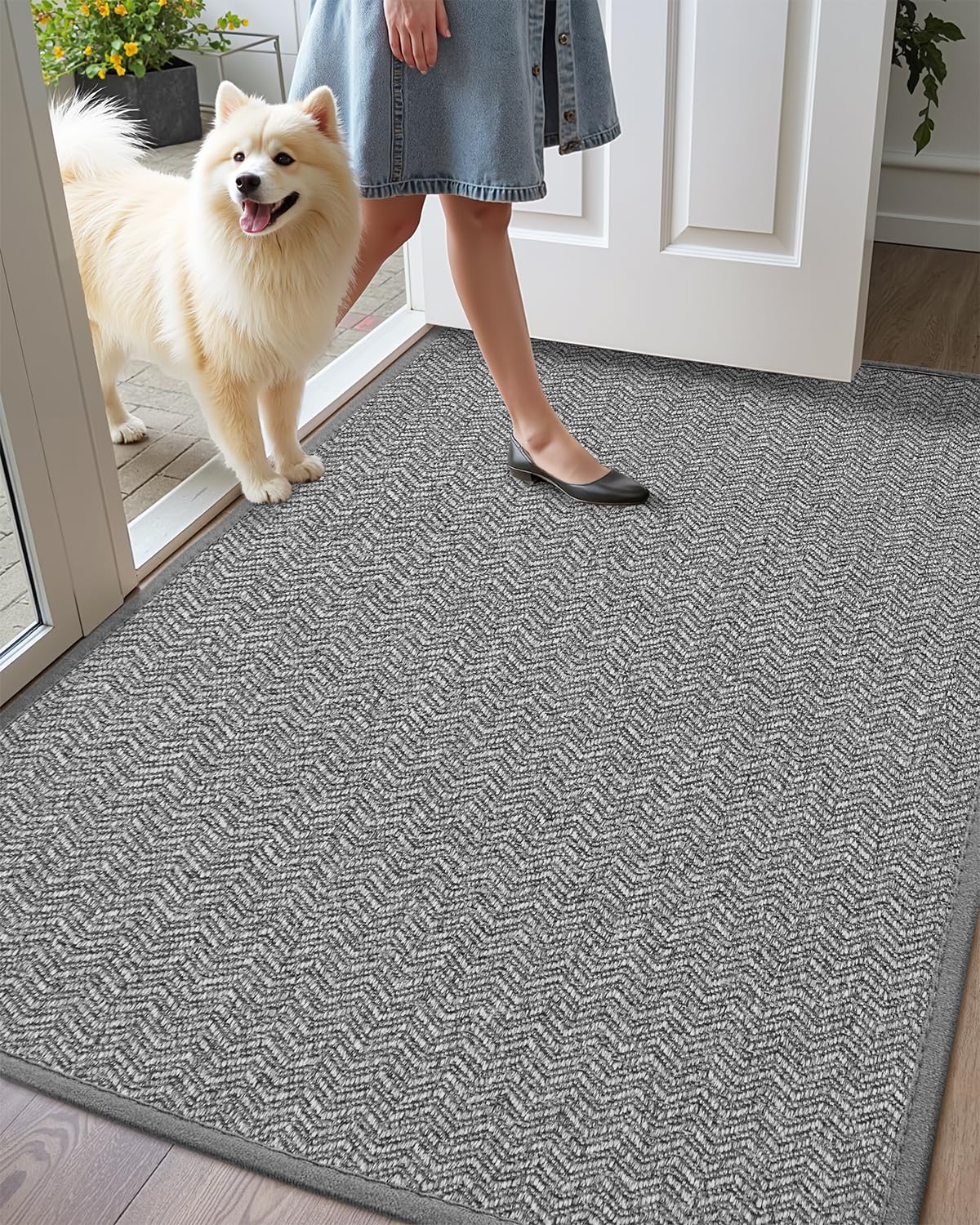 COLOR&GEOMETRY Dirt Trapper Door Matts Indoor 61x91 cm, Indoor Door Mat Non Slip, Front Door Mat Heavy Duty, Absorbent Doormats Inside for Entrance, Muddy Paws, Light Grey (Rolled-up NO Creases)