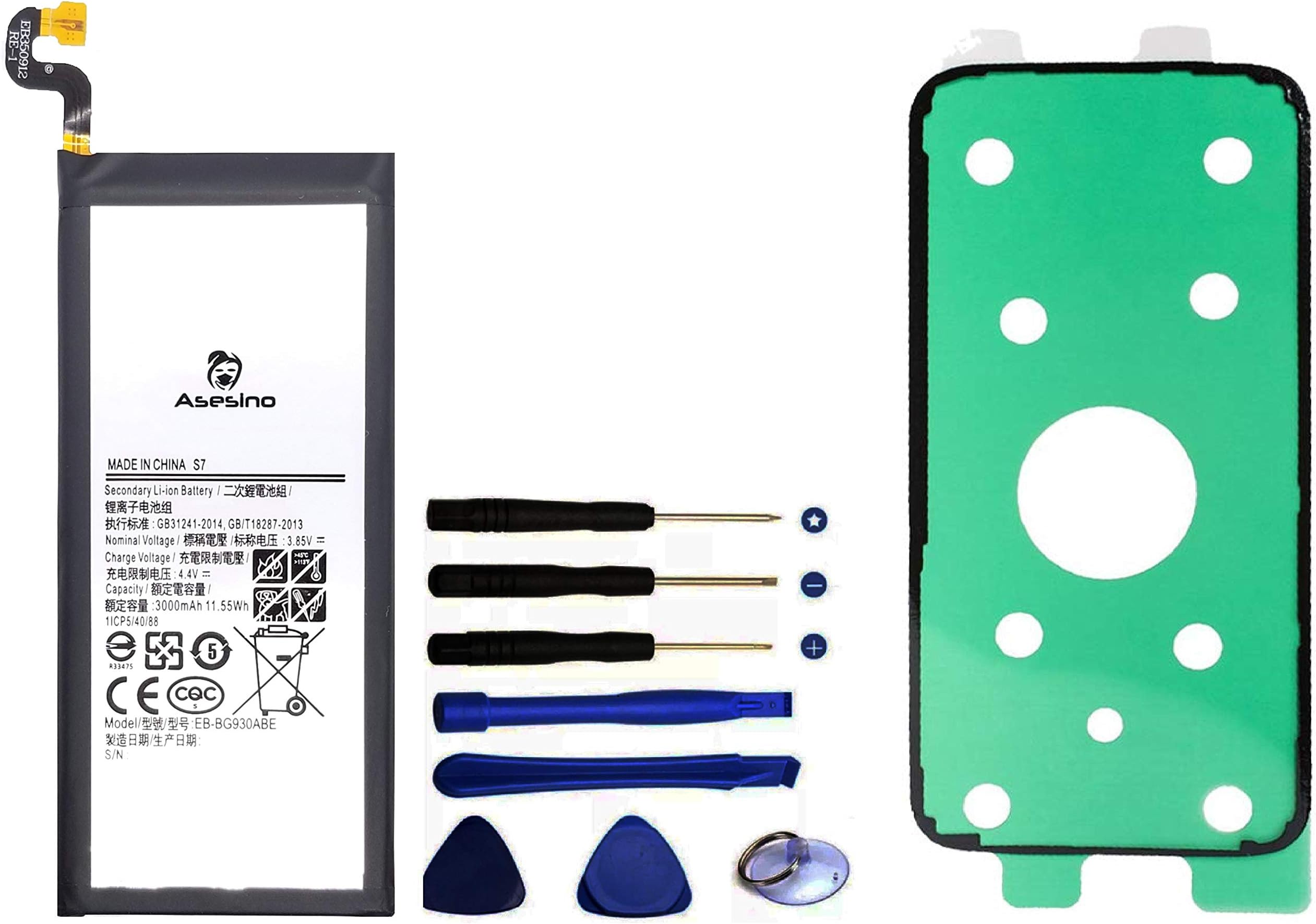 Asesino Battery Compatible with Samsung Galaxy S7 (3000mAh) (Adhesive and Replacement Toolkit) for EB-BG930ABE G930 [18 Month Warranty]