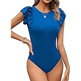 Missufe Women's Summer Ruffle Flutter Sleeve Ribbed Casual Bodysuit Tops