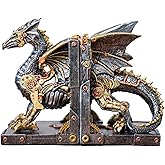 Large Steampunk Fantasy Dragon Statue, Decorative Bookends for Heavy Books, Unique Book Ends Decor for Shelves.