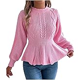Womens Fall Winter Cute Long Sleeve Peplum Sweater Casual Crew Neck Slim Fit Cable Knit Ruffle Pullover Jumper Tops