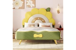 MERITLINE Twin Size Upholstered Platform Bed with Sunflower Shaped Headboard, PU Upholstered Twin Size Bed Frame for Kids Teens, Boys Girls,Green + Yellow