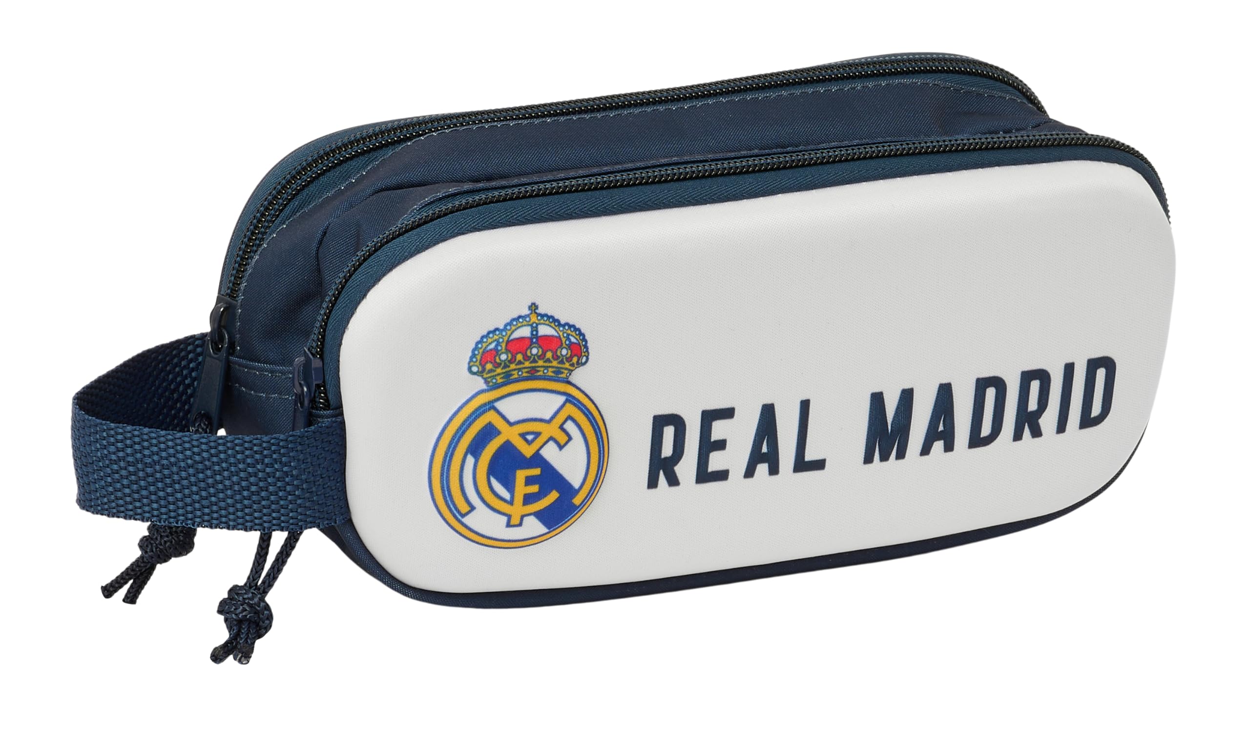 Safta Real Madrid 3D – Double 3D Pencil Case, Children's Pencil Case, Ideal for School-Age Children, Comfortable and Versatile, Quality and Resistance, 21 x 6 x 8 cm, White/Navy Blue, White/Navy Blue,