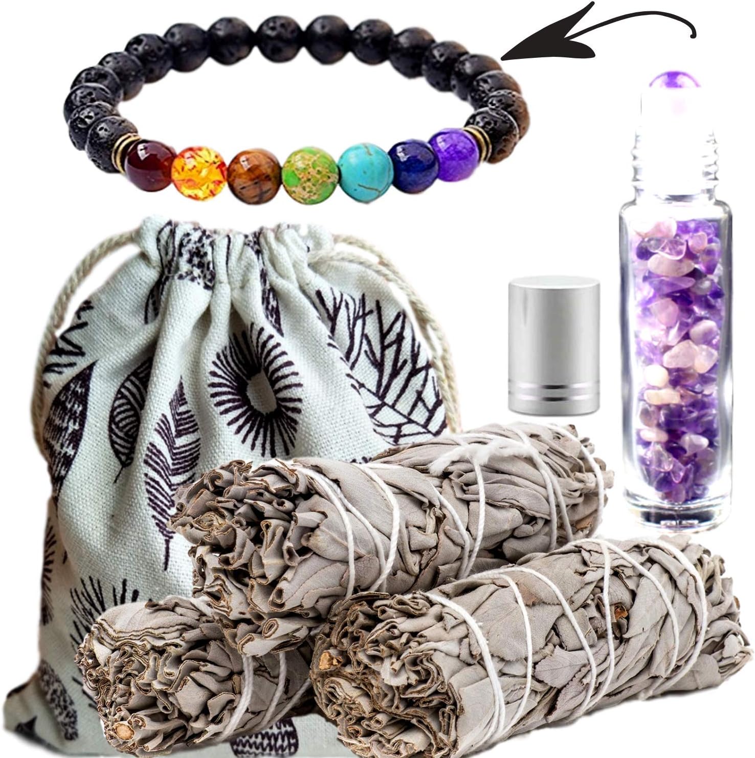 Worldly Finds Sage Smudge Sticks 6 Crystal Choices - Cleansing,Healing Crystals Gemstone Oil Roller, Chakra Diffuser Bracelet (Unisex), Sage 3 Pack, Smudging Gift Set (Amethyst Quartz)